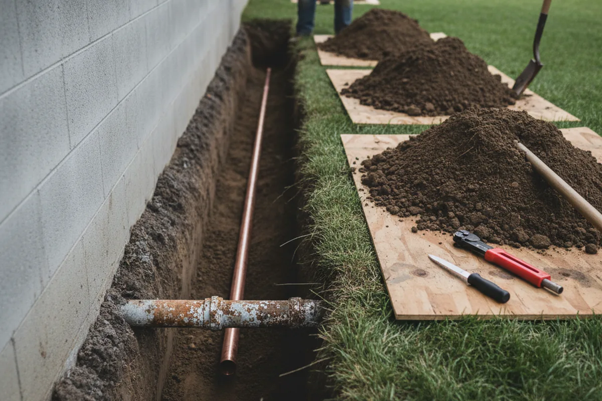Excavated water line trench during Water Softener Installation in Kilgore